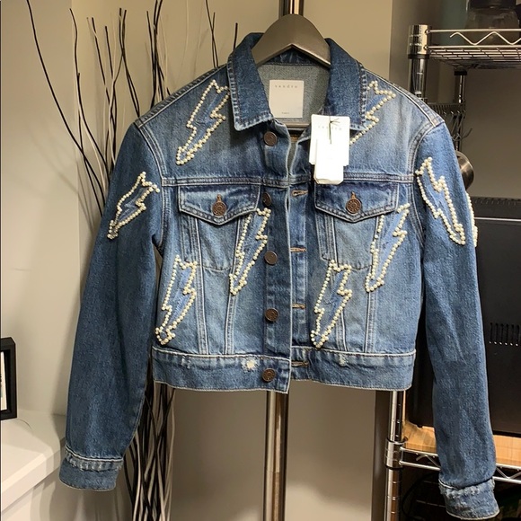 sandro denim jacket pearls